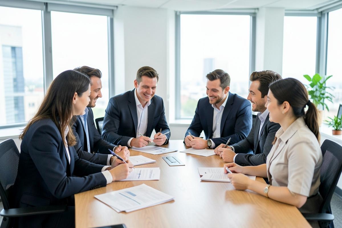 Team reviewing group health plan documents in a conference room