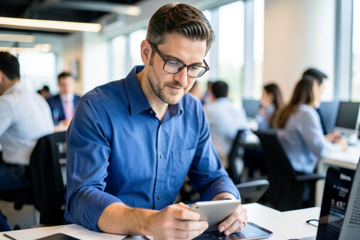 Employee working on a tablet in an open office