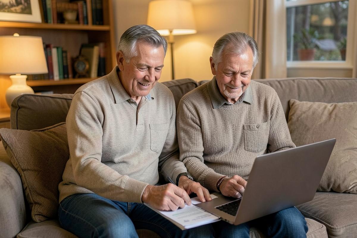 Couple reviewing life insurance paperwork at home